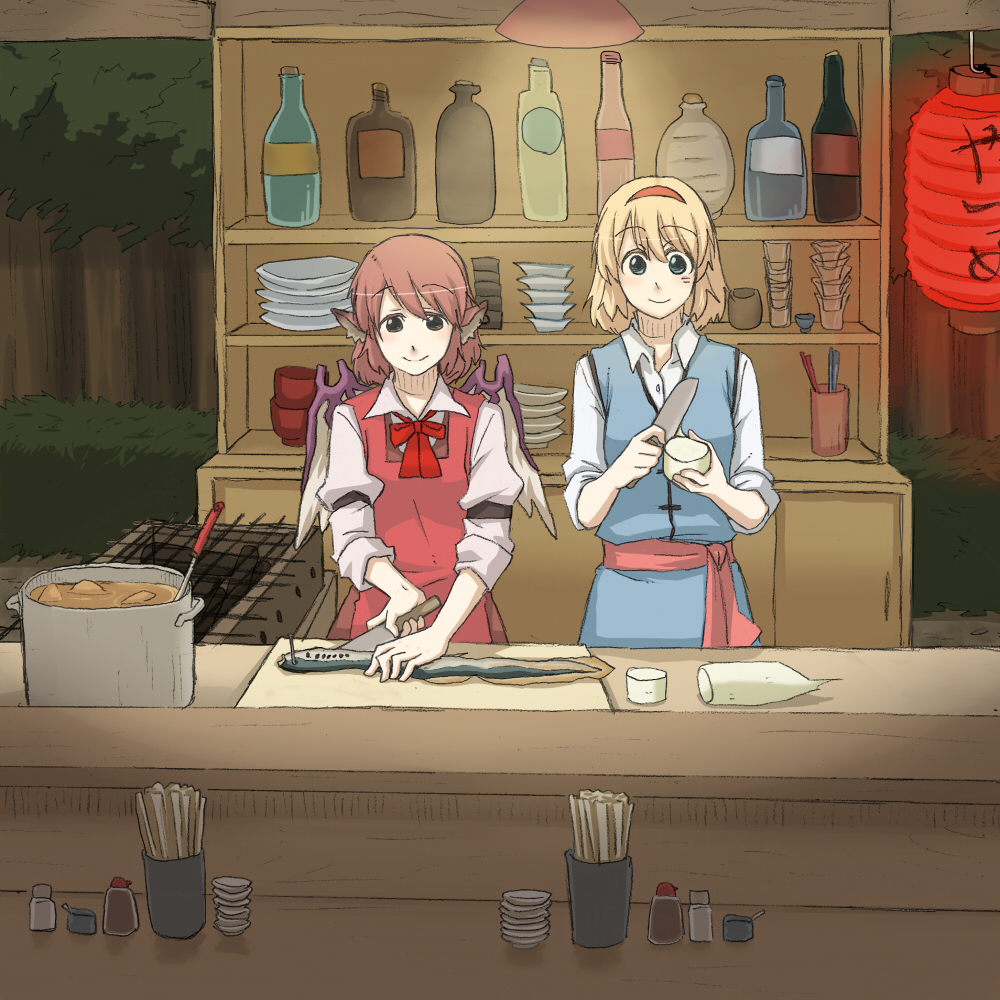 torinone, alice margatroid, mystia lorelei, touhou, 2girls, apron, bottle, chopsticks, cooking, cooking pot, daikon, dishes, eel, female focus, food stand, forest, grill, kitchen knife, knife, lantern, multiple girls, nature, paper lantern, radish, sleeves rolled up, wings