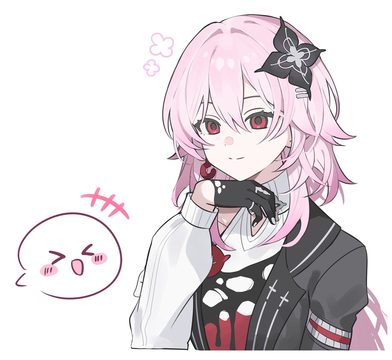 younomiti, evernight (honkai: star rail), march 7th (honkai: star rail), honkai: star rail, honkai (series), commentary request, highres, > <, 1girl, black dress, black flower, black gloves, dress, earrings, flower, gloves, hair between eyes, hair flower, hair intakes, hair ornament, hairclip, head rest, jewelry, layered dress, light blush, long hair, long sleeves, looking at viewer, low twintails, parallel hairclips, pink hair, red eyes, single earring, smile, speech bubble, spoken character, twintails, upper body, white background