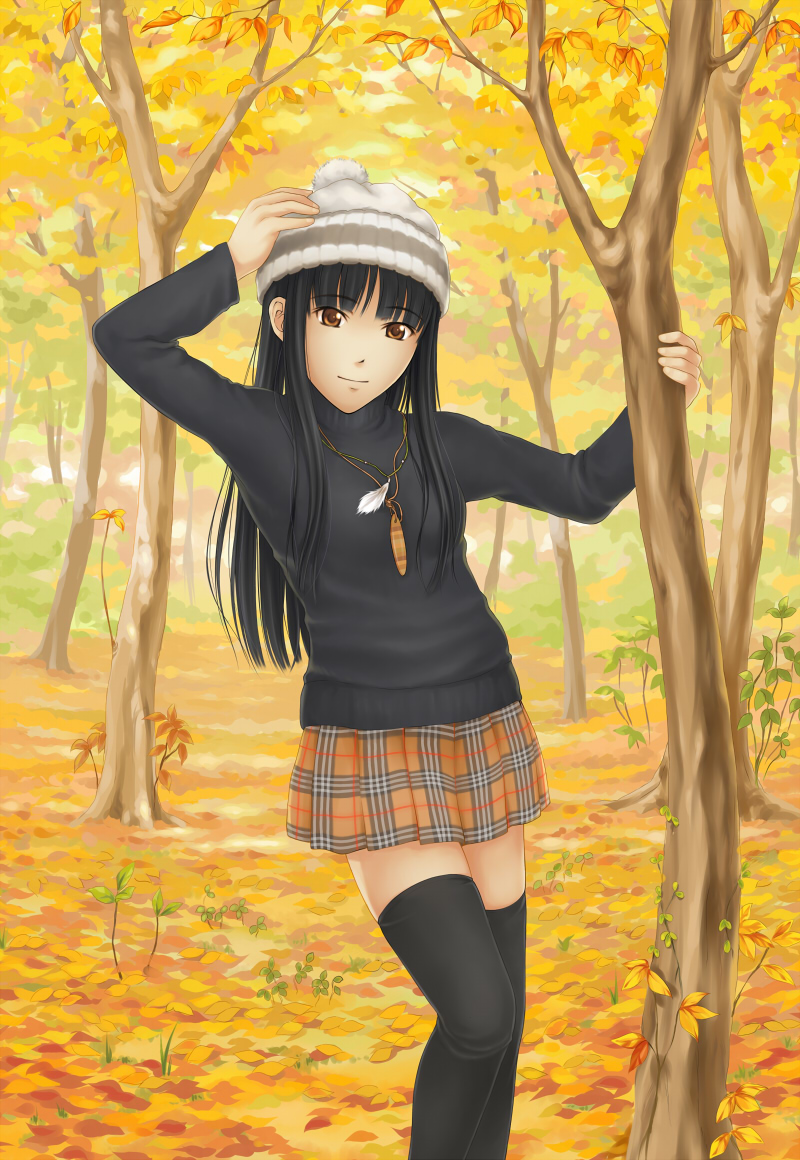 suda (yuunagi enikki), bad id, bad pixiv id, 1girl, autumn, beanie, black hair, black thighhighs, brown eyes, female focus, hat, jewelry, leaf, long hair, necklace, orange background, orange skirt, orange theme, plaid clothes, plaid skirt, pom pom (clothes), skirt, solo, thighhighs, tree, zettai ryouiki