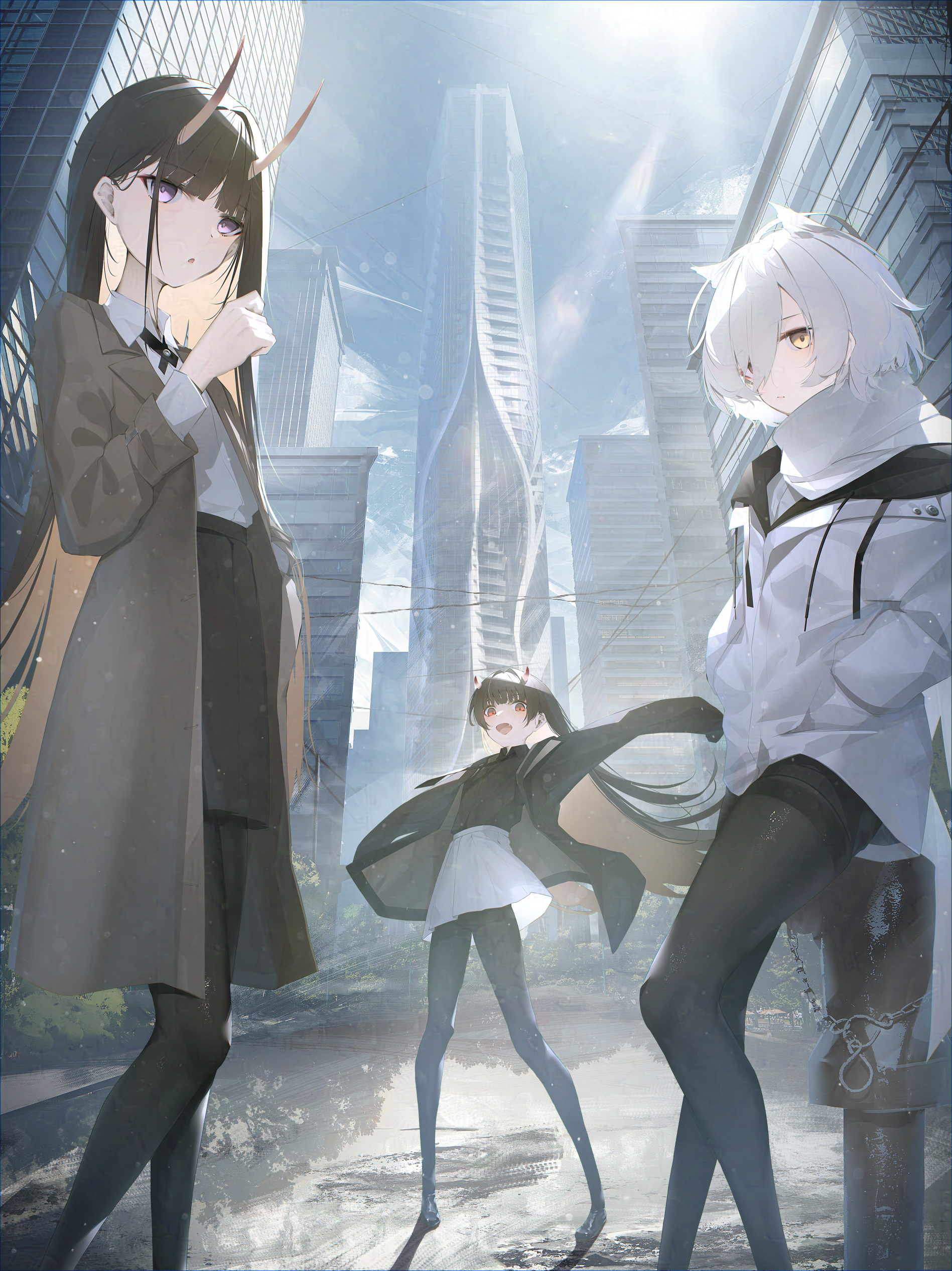 ka11 ca, maya (azur lane), noshiro (azur lane), sakawa (azur lane), azur lane, absurdres, highres, 3girls, alternate costume, black coat, black hair, black pantyhose, brown coat, building, city, cityscape, coat, feet out of frame, full body, hair between eyes, hands in pockets, horns, jacket, leaning back, long hair, long sleeves, looking at viewer, miniskirt, multiple girls, open clothes, open coat, open mouth, outdoors, pantyhose, purple eyes, red eyes, scarf, shadow, shirt, short hair, skirt, skyscraper, thighband pantyhose, very long hair, white hair, white jacket, white scarf, white shirt, white skirt, yellow eyes