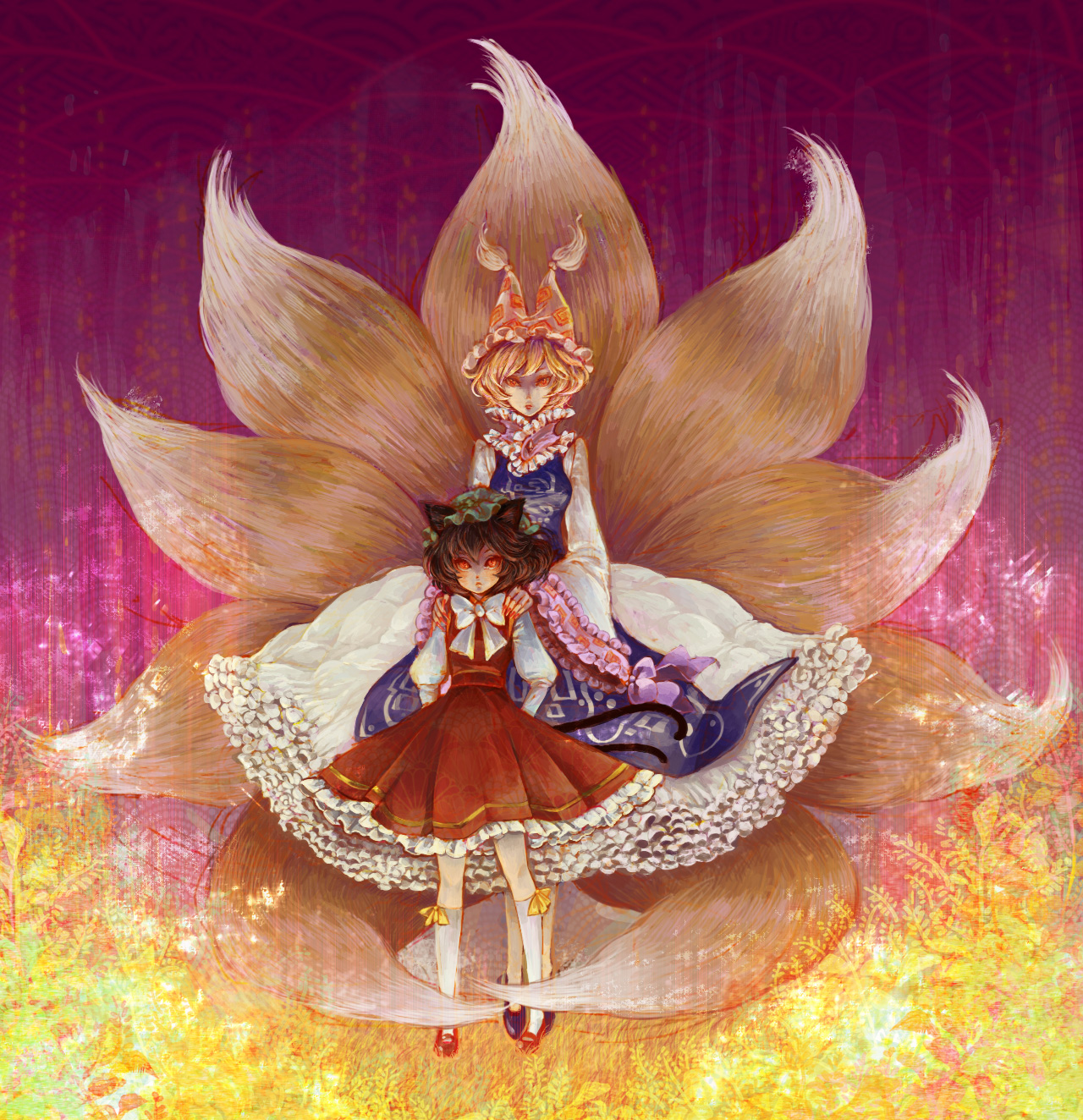 chihiro (kemonomichi), takatora, chen, yakumo ran, touhou, bad id, bad pixiv id, highres, 2girls, animal ears, animal hat, blonde hair, brown hair, cat ears, cat girl, cat tail, female focus, fox ears, fox tail, frills, hat, kitsune, kyuubi, long sleeves, mob cap, multiple girls, multiple tails, red eyes, shoes, short hair, socks, tail, tassel, wide sleeves