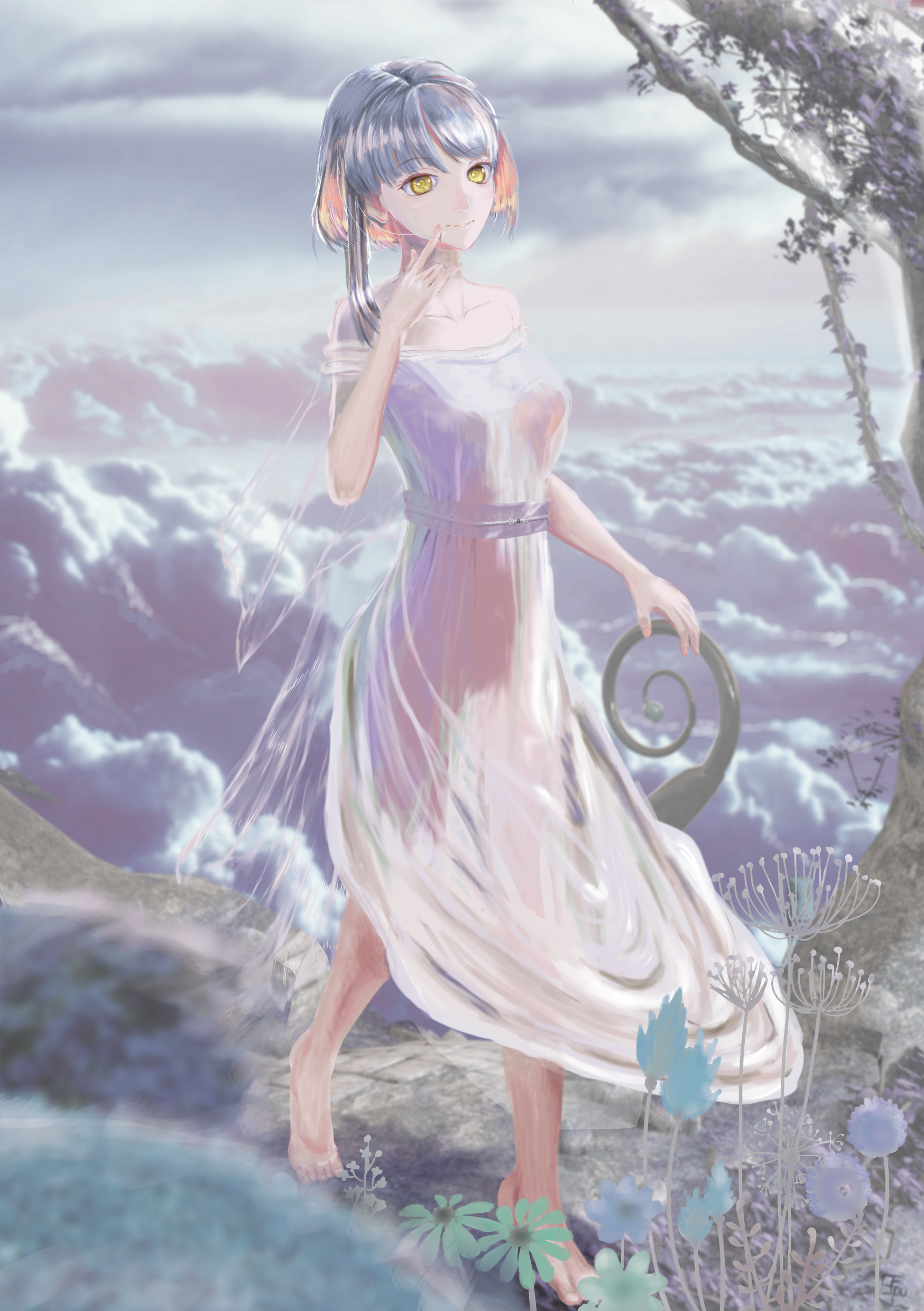 stopflow, nikki (series), shining nikki, absurdres, commentary request, highres, 1girl, bare arms, bare shoulders, barefoot, blue sky, blunt bangs, cloud, collarbone, dandelion, day, dress, feet, finger to cheek, floating island, flower, full body, grey hair, happy, long dress, off-shoulder dress, off shoulder, outdoors, see-through clothes, see-through dress, short hair with long locks, short sleeves, single sidelock, sky, solo, tiptoes, toes, tree, walking, white dress, yellow eyes, yexiao (shining nikki)