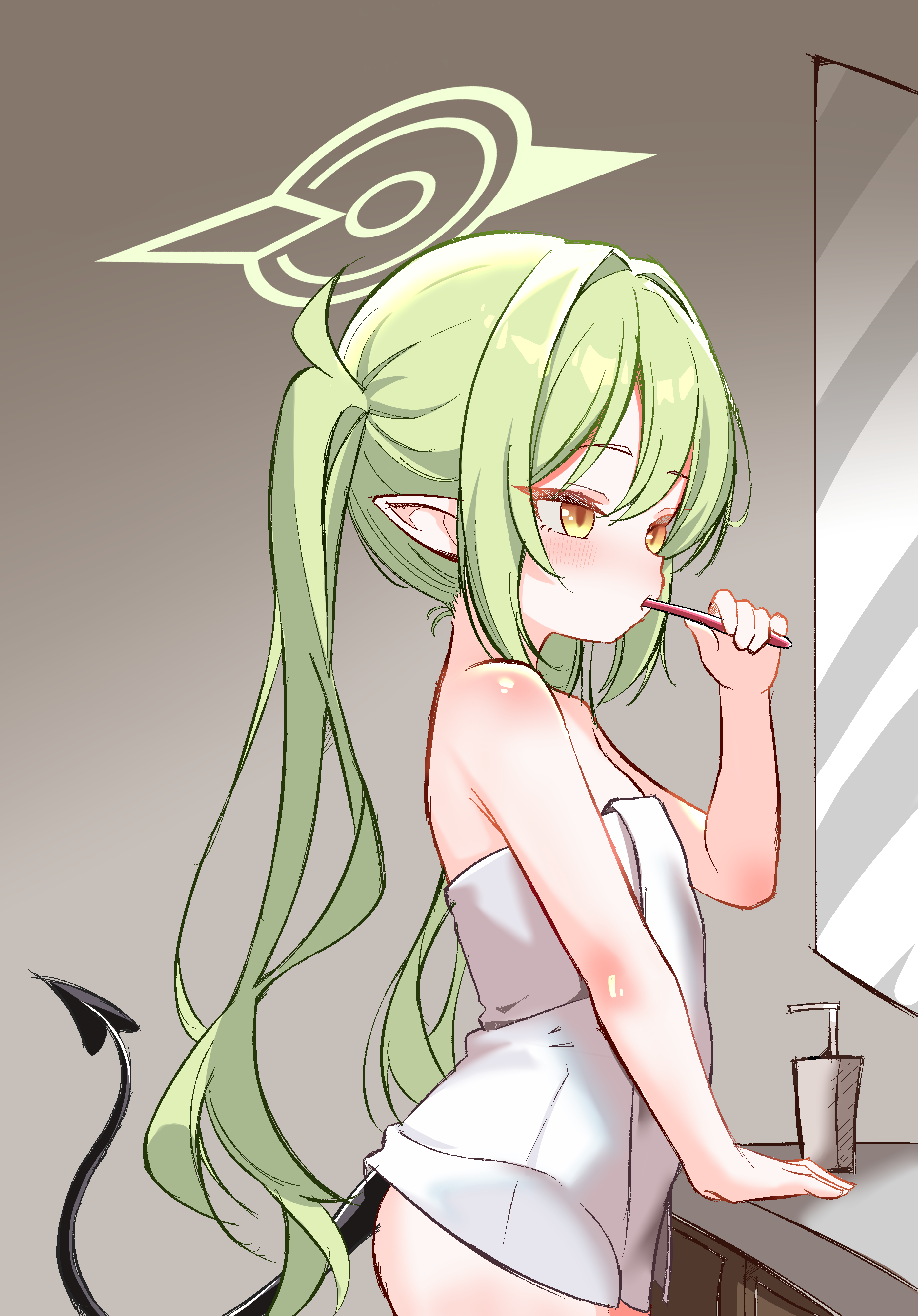 cunvaroy, nozomi (blue archive), blue archive, absurdres, commentary, english commentary, highres, mixed-language commentary, variant set, 1girl, bare arms, bare shoulders, blush, brown background, brushing teeth, cowboy shot, demon tail, expressionless, flat chest, from side, gradient background, green hair, green halo, halo, holding, holding toothbrush, long hair, looking ahead, mirror, naked towel, pointy ears, simple background, sink, solo, tail, toothbrush, towel, twintails, very long hair, yellow eyes