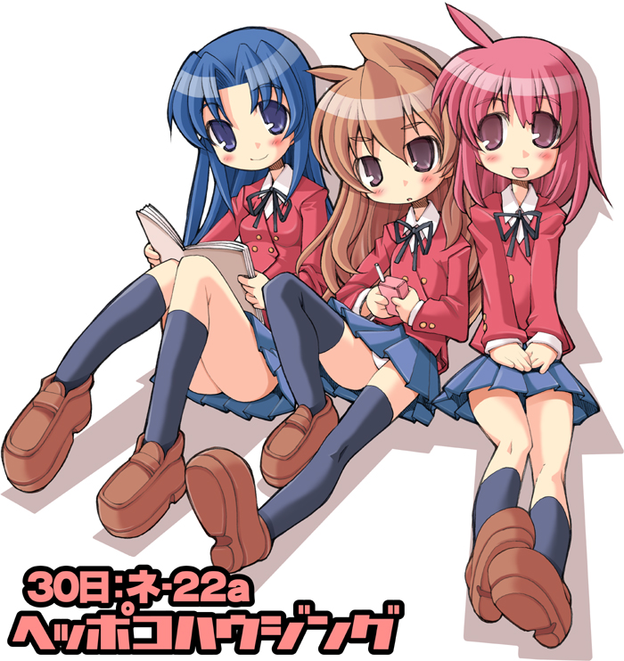 heppokokun, aisaka taiga, kawashima ami, kushieda minori, toradora!, 00s, 3girls, blue eyes, blue hair, book, brown eyes, brown hair, juice box, kneehighs, long hair, multiple girls, panties, red eyes, red hair, school uniform, short hair, socks, thighhighs, underwear, upskirt, zettai ryouiki
