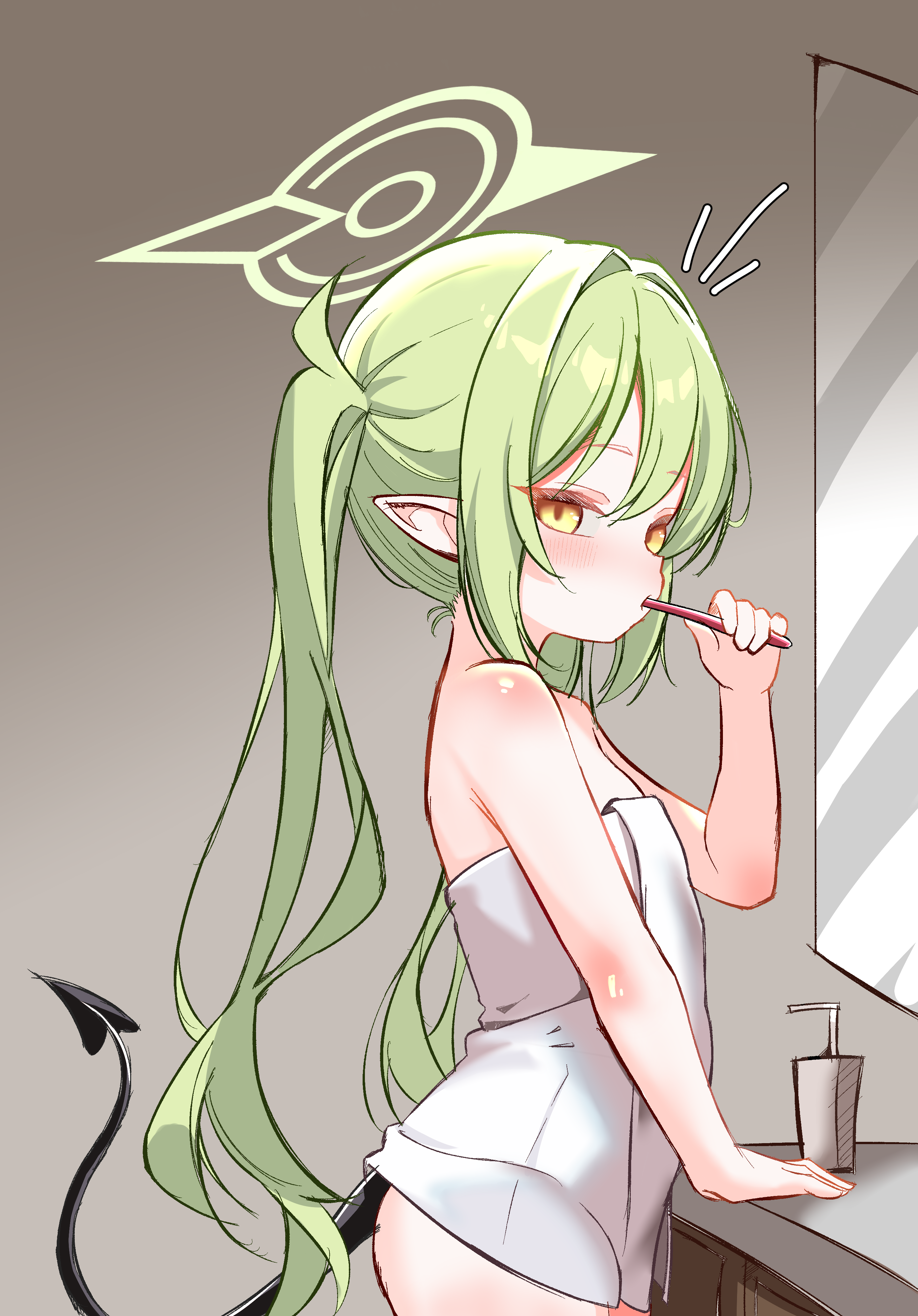 cunvaroy, nozomi (blue archive), blue archive, absurdres, commentary, english commentary, highres, mixed-language commentary, variant set, 1girl, bare arms, bare shoulders, blush, brown background, brushing teeth, cowboy shot, demon tail, expressionless, flat chest, from side, gradient background, green hair, green halo, halo, holding, holding toothbrush, long hair, looking at viewer, looking to the side, mirror, naked towel, notice lines, pointy ears, simple background, sink, solo, tail, toothbrush, towel, twintails, very long hair, yellow eyes