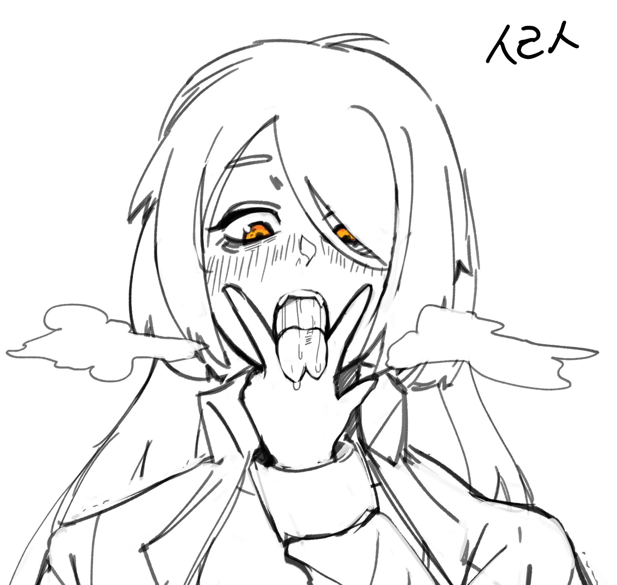 tagme, 1girl, breath, cunnilingus gesture, forked tongue, monochrome, saliva, tongue, tongue out, v
