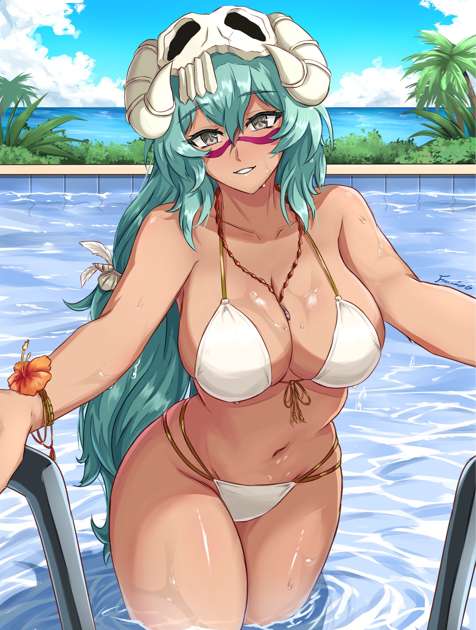 fgsketch, nelliel tu odelschwanck, bleach, commission, 1girl, bikini, breasts, cleavage, collarbone, espada, green hair, jewelry, large breasts, long hair, looking at viewer, navel, necklace, solo, swimsuit