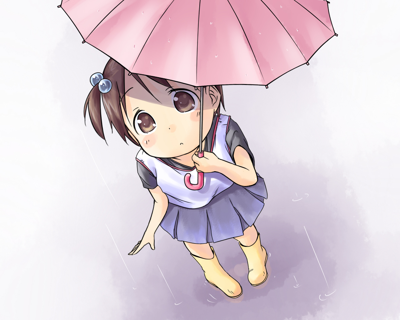 natsukon, itou chika, ichigo mashimaro, 1girl, boots, brown eyes, brown hair, child, female focus, from above, hair bobbles, hair ornament, looking up, rain, rubber boots, side ponytail, skirt, solo, umbrella