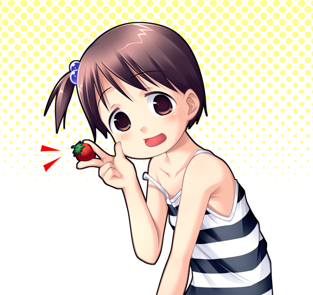 natsukon, itou chika, ichigo mashimaro, 1girl, brown eyes, brown hair, child, female focus, food, fruit, gradient background, halftone, halftone background, looking at viewer, side ponytail, solo, strap slip, strawberry, tank top, white background, yellow background