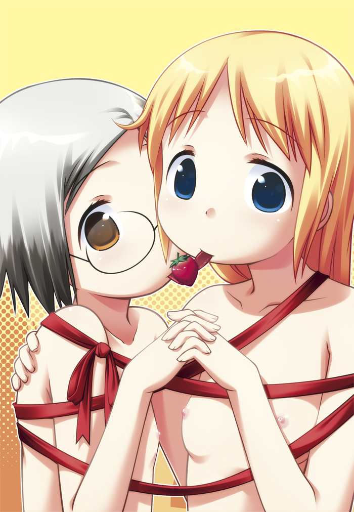 natsukon, ana coppola, sakuragi matsuri, ichigo mashimaro, 2girls, blonde hair, blue eyes, breasts, brown eyes, food, fruit, glasses, grey hair, holding hands, loli, long hair, multiple girls, nipples, nude, ribbon, short hair, small breasts, strawberry, tongue, yuri