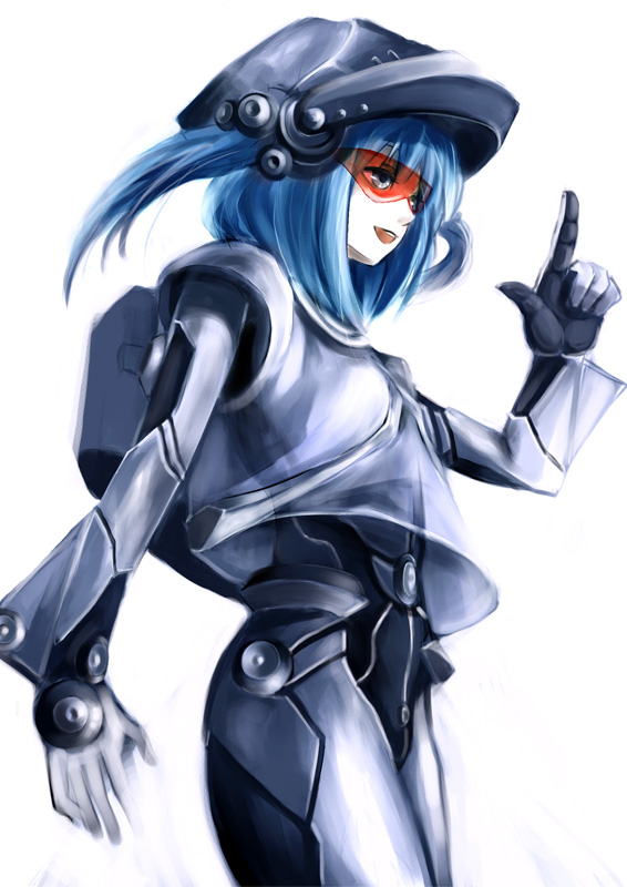 tomasu, tsurukame, kawashiro nitori, touhou, 1girl, armor, blue hair, female focus, science fiction, solo, two side up