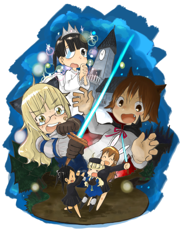 kumichou (kumichoubox), charlotte e. yeager, francesca lucchini, miyafuji yoshika, perrine h. clostermann, sakamoto mio, strike witches, world witches series, bad id, bad pixiv id, 00s, 5girls, animal ears, blonde hair, brown hair, cat ears, crown, fang, glasses, multiple girls, princess, rabbit ears, rabbit girl, sword, weapon