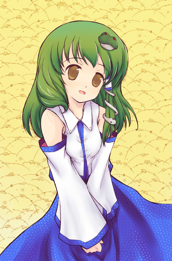 kashiwagi kazuhiro, kochiya sanae, touhou, 1girl, :d, blue skirt, blush, cowboy shot, detached sleeves, female focus, frog, green hair, long hair, long sleeves, looking at viewer, open mouth, own hands together, simple background, skirt, smile, solo, standing, yellow background