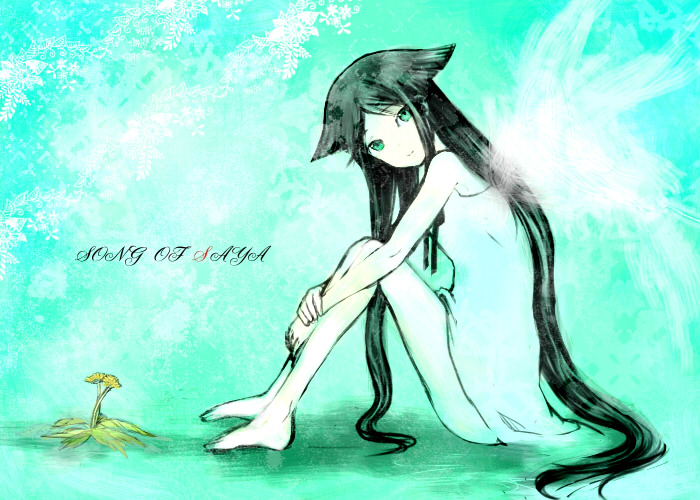 sabata yuki, tori (driftwood), saya (saya no uta), saya no uta, 1girl, barefoot, black hair, female focus, flower, green eyes, green hair, hugging own legs, long hair, matching hair/eyes, sitting, solo, very long hair, wings
