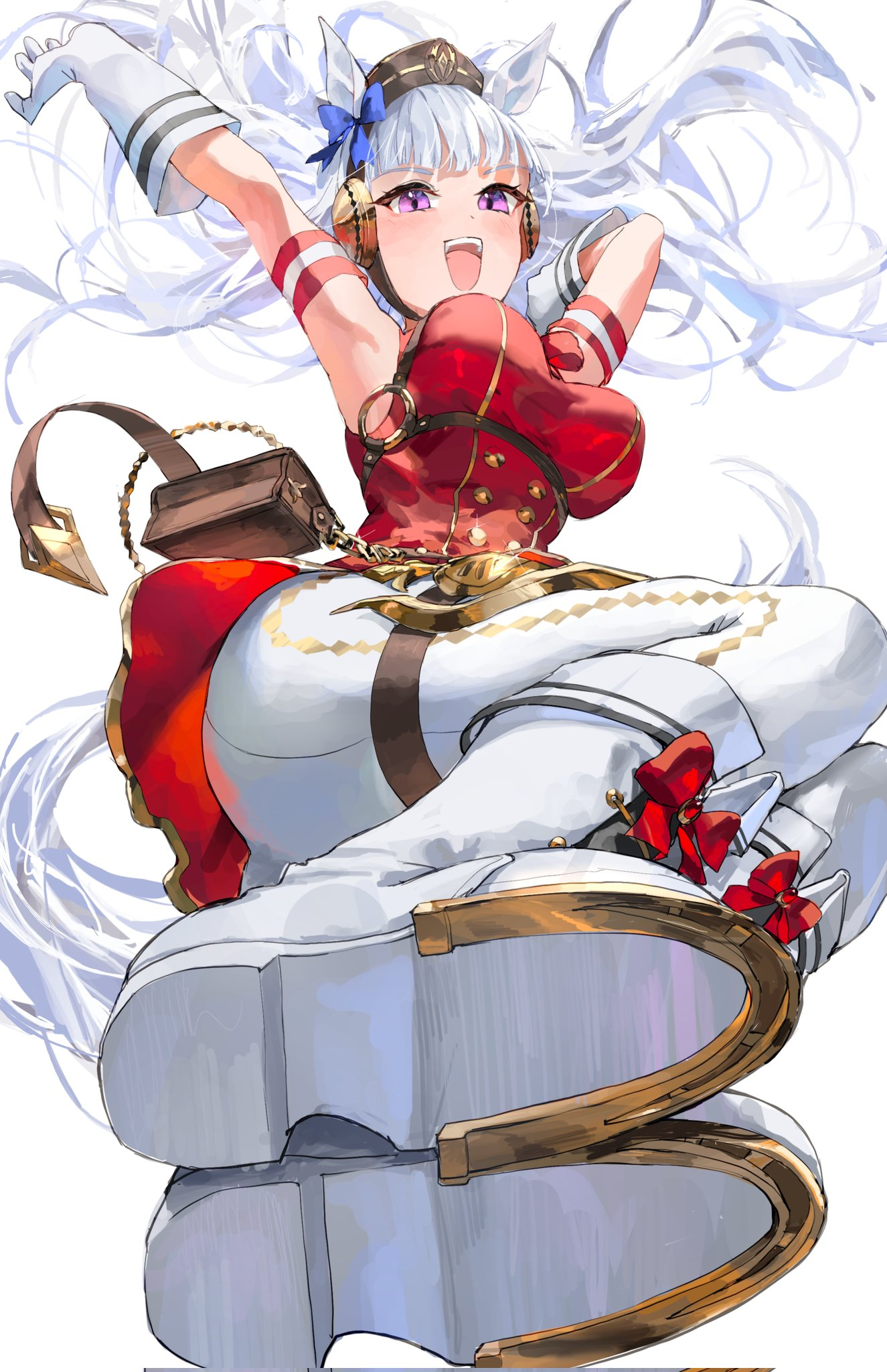 meltyrice, gold ship (red strife) (umamusume), gold ship (umamusume), umamusume, commentary, highres, 1girl, animal ears, armband, armpits, arms up, belt pouch, blunt bangs, blush, boots, bow, bowtie, breasts, brown hat, dress, drop kick, ear bow, ear ribbon, flying kick, gloves, grey hair, hat, horse ears, horse girl, horse tail, horseshoe, incoming attack, incoming kick, kicking, large breasts, leggings, long hair, looking at viewer, open mouth, pantyhose, pillbox hat, pouch, purple bow, purple eyes, red armband, red bow, red dress, shoe soles, simple background, sleeveless, sleeveless dress, smile, solo, tail, teeth, thigh strap, upper teeth only, white armband, white background, white boots, white gloves, white leggings, white pantyhose