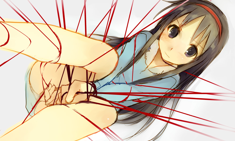 kaimuari, nobi nobita, doraemon, bad id, bad pixiv id, 1girl, bdsm, between thighs, blush, bondage, bound, covering privates, female focus, genderswap, genderswap (mtf), hairband, long hair, panties, pantyshot, solo, string, thighs, thread, trap, underwear