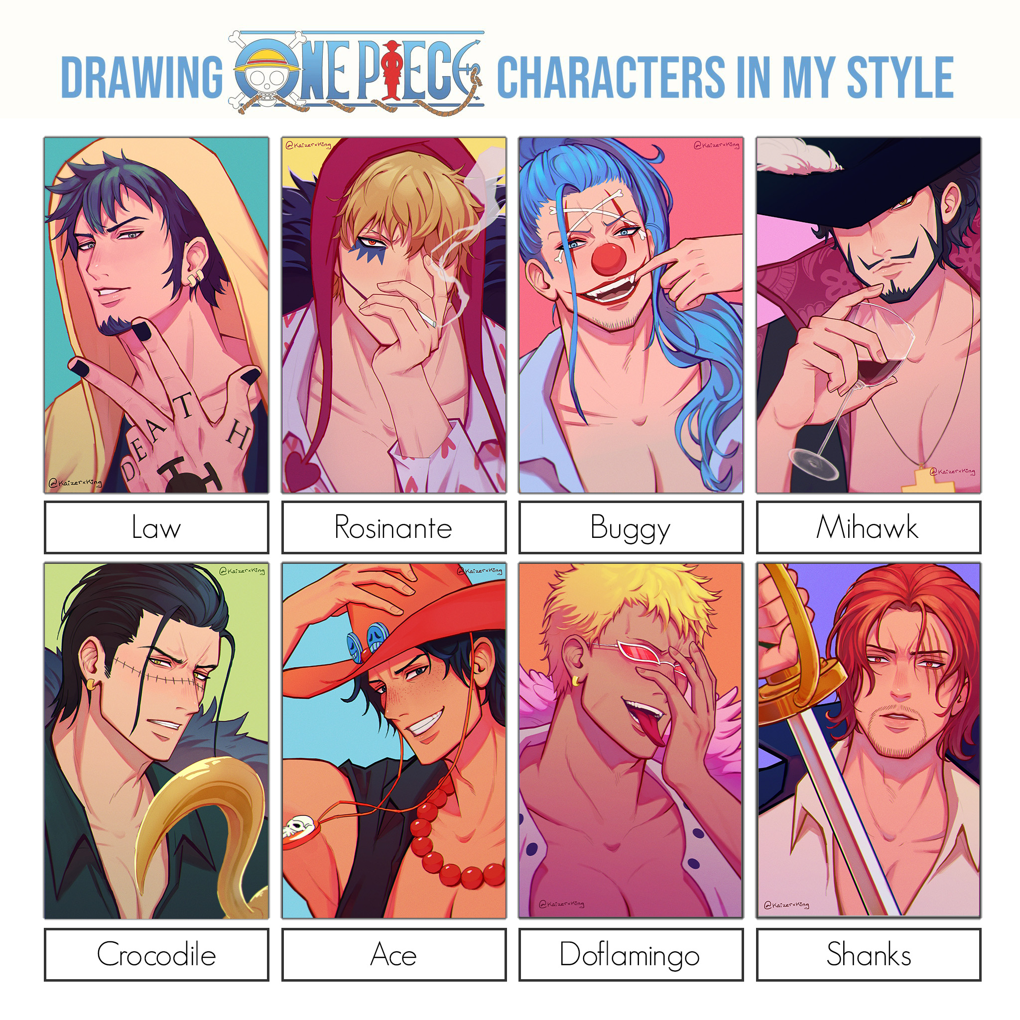 kaizer (kaizerxking), buggy the clown, crocodile (one piece), donquixote doflamingo, donquixote rocinante, dracule mihawk, portgas d. ace, shanks (one piece), trafalgar law, one piece, commentary, english commentary, highres, 6+boys, beard, black hair, black nails, blonde hair, blue hair, character name, cigarette, clenched teeth, cup, earrings, facial hair, freckles, goatee, hair over one eye, hand tattoo, hat, holding, holding cigarette, holding cup, holding sword, holding weapon, hook hand, jewelry, looking at viewer, makeup, multiple boys, multiple drawing challenge, mustache, necklace, orange hat, pearl necklace, red nose, shirt, short hair, smile, stitched face, stitches, sunglasses, sword, tattoo, teeth, twitter username, upper body, weapon, white shirt