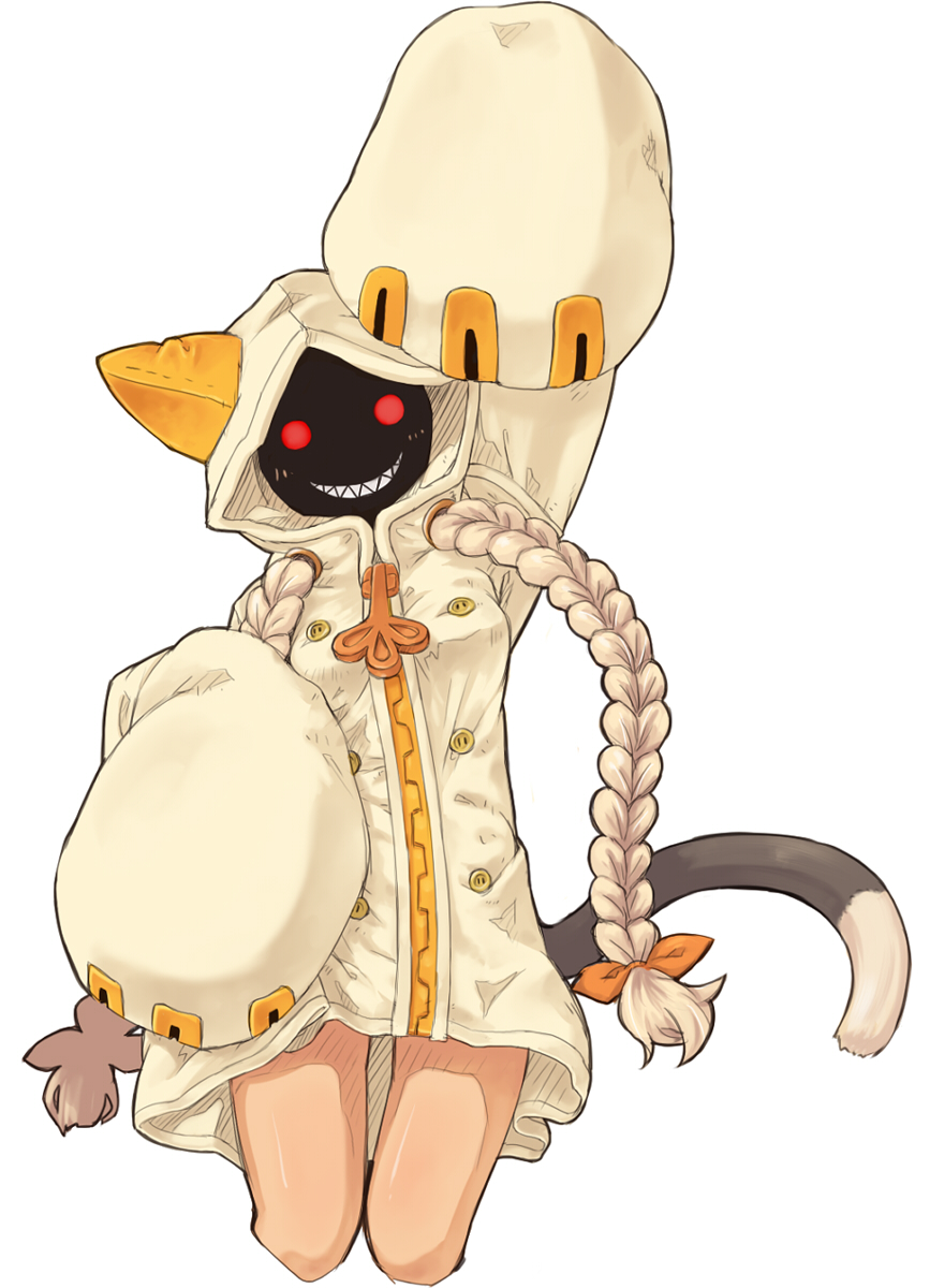 7010, taokaka, arc system works, blazblue, highres, 1girl, animal ears, animal hood, blonde hair, braid, cat ears, cat hood, cat tail, female focus, grin, hood, hoodie, kneeling, long hair, oversized clothes, red eyes, smile, solo, tail, twin braids, twintails