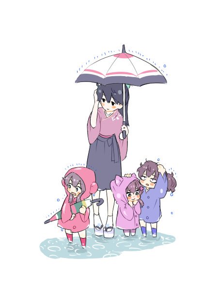 jibakurei (elite unchi), akagi (kancolle), houshou (kancolle), kaga (kancolle), yamato (kancolle), kantai collection, bad id, bad twitter id, 4girls, adjusting hair, aged down, animal ear hood, black eyes, black hair, black skirt, blue coat, blush, brown hair, closed umbrella, coat, fake animal ears, hand on own head, holding, holding umbrella, hood, hood up, japanese clothes, jitome, kimono, long hair, looking up, multiple girls, okobo, open mouth, pink coat, pink kimono, platform sandals, ponytail, puddle, rain, raincoat, red coat, sandals, short kimono, simple background, skirt, socks, umbrella, wet, wet hair, white background, white socks