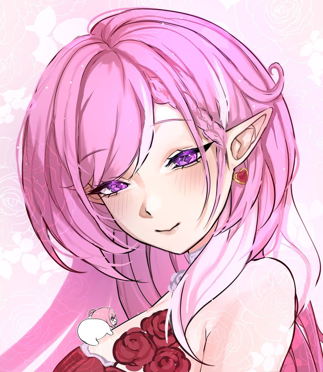 doro (nikke), elysia (hi love elf) (honkai impact), elysia (honkai impact), goddess of victory: nikke, honkai (series), honkai impact 3rd, commentary, english commentary, highres, 1girl, bare shoulders, chibi, diamond-shaped pupils, diamond (shape), dress, earrings, elf, heart, heart earrings, jewelry, long hair, looking at viewer, manunya igruiya, multicolored hair, pink hair, pointy ears, purple eyes, red dress, smile, symbol-shaped pupils, two-tone hair, upper body, very long hair, white hair