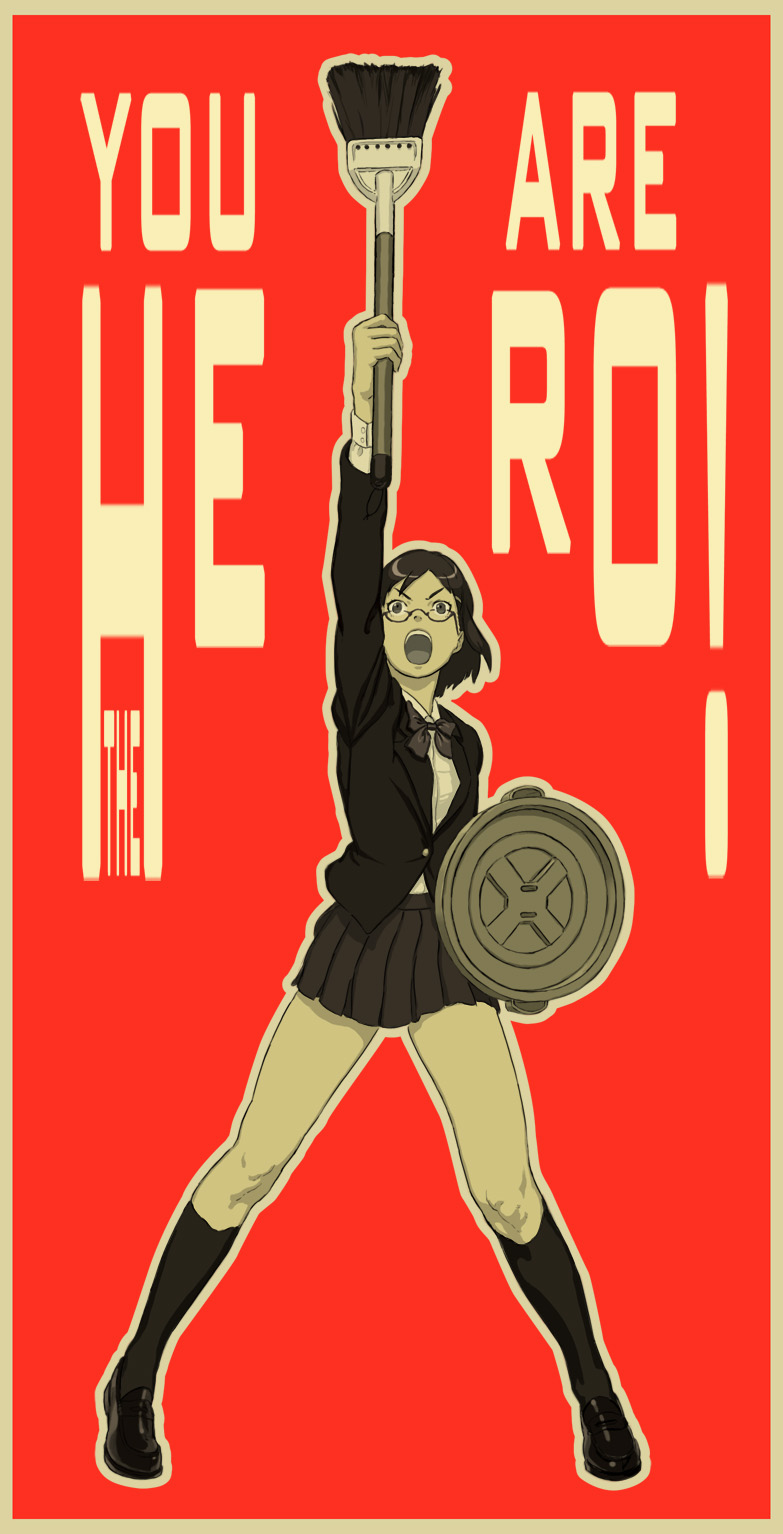 nababa, bad id, bad pixiv id, highres, 1girl, black hair, broom, english text, female focus, glasses, kneehighs, open mouth, school uniform, screaming, socks, solo, trashcan lid