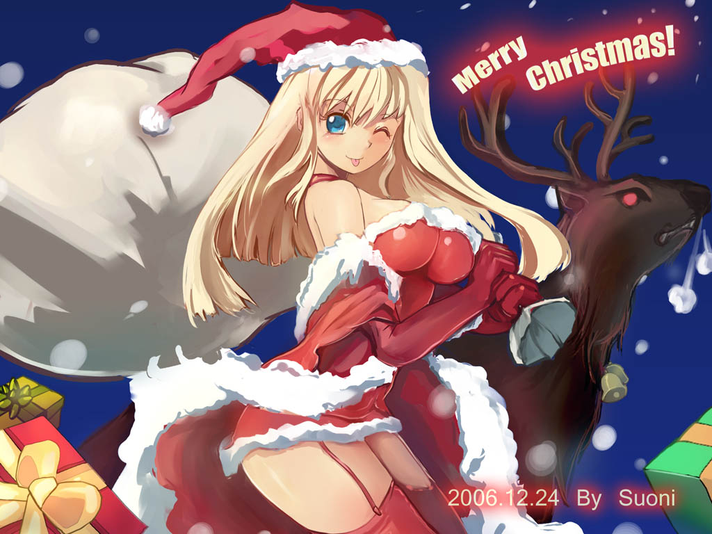 suoni (deeperocean), original, 1girl, ;p, blonde hair, blush, christmas, female focus, garter belt, hat, long hair, one eye closed, santa costume, santa hat, solo, thighhighs, tongue, tongue out, wink