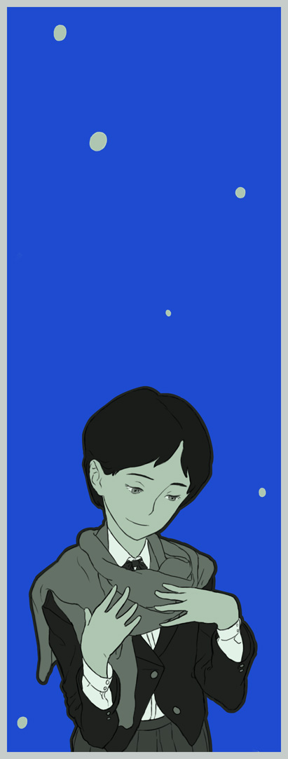 nababa, bad id, bad pixiv id, 1girl, aqua theme, blue background, female focus, monochrome, scarf, short hair, smile, solo