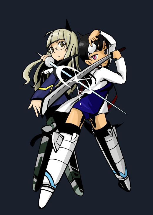 kumichou (kumichoubox), perrine h. clostermann, sakamoto mio, strike witches, world witches series, bad id, bad pixiv id, 00s, 2girls, eyepatch, multiple girls, striker unit, sword, weapon