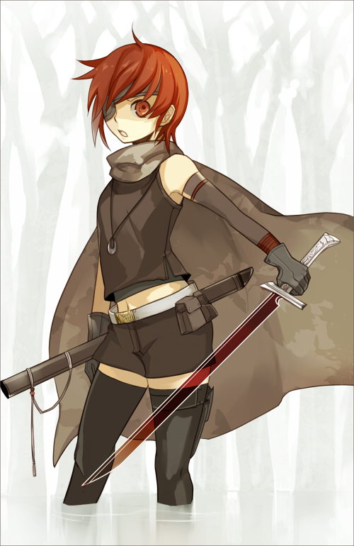 jan (12885), original, bad id, bad pixiv id, gender request, androgynous, cape, elbow gloves, eyepatch, flat chest, gloves, katana, red eyes, red hair, short hair, shorts, solo, sword, thighhighs, weapon, zettai ryouiki