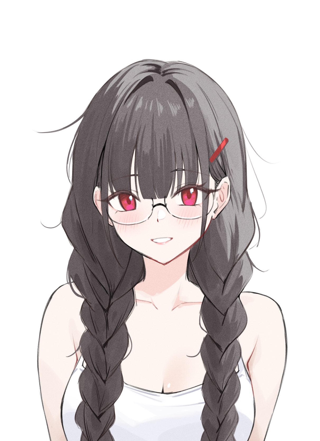 reia 76, original, highres, 1girl, :d, aulia (reia 76), bare arms, bare shoulders, black hair, blunt bangs, blush, braid, breasts, camisole, cleavage, collarbone, glasses, hair between eyes, hair ornament, hair over shoulder, hairclip, long hair, looking at viewer, low twin braids, medium breasts, mole, open mouth, red eyes, round eyewear, sidelocks, simple background, smile, solo, twin braids, upper body, white background, white camisole