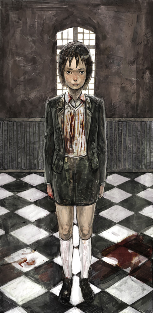 nababa, bad id, bad pixiv id, 1girl, blood, brown hair, checkered floor, female focus, floor, kneehighs, pencil skirt, school uniform, short hair, skirt, socks, solo