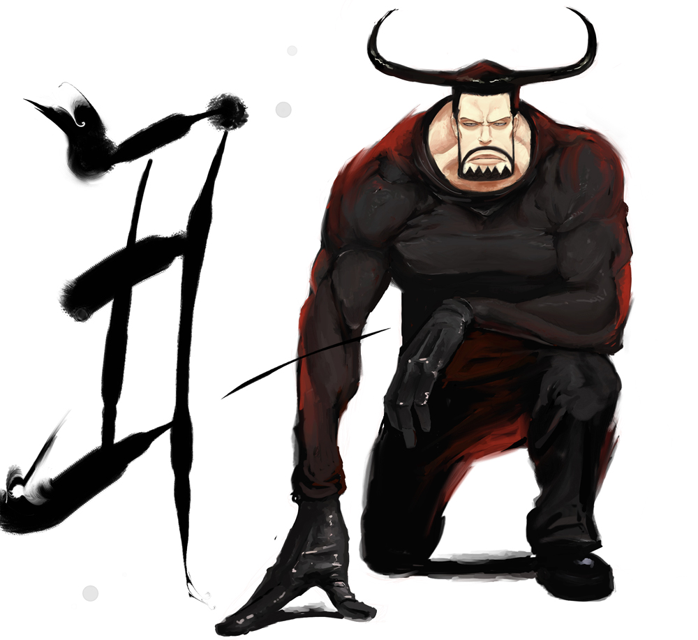 iridori, blueno, one piece, 1boy, beard, blood, devil fruit, enies lobby, facial hair, gloves, half-closed eyes, male focus, squatting