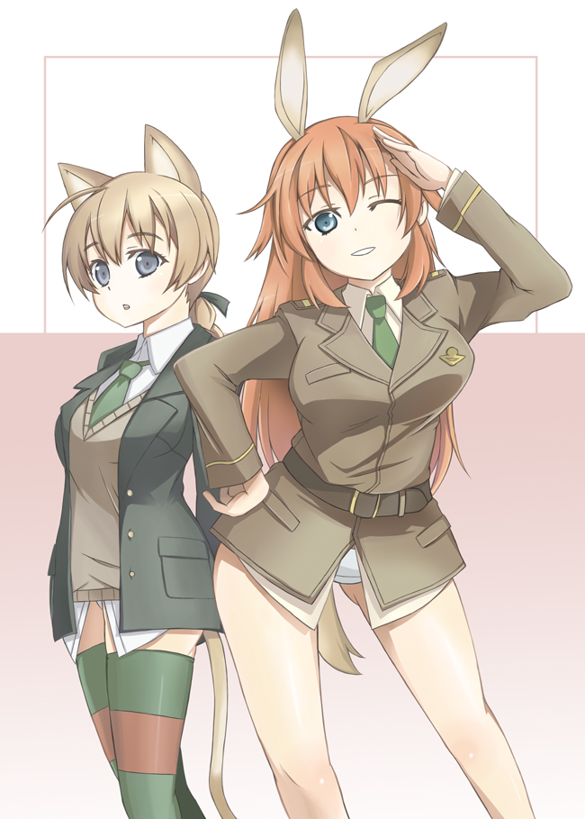 eshelle, tsumutsumu, charlotte e. yeager, lynette bishop, strike witches, world witches series, bad id, bad pixiv id, 00s, 2girls, animal ears, cat ears, cat tail, multiple girls, one eye closed, rabbit ears, rabbit girl, smile, tail, thighhighs, wink