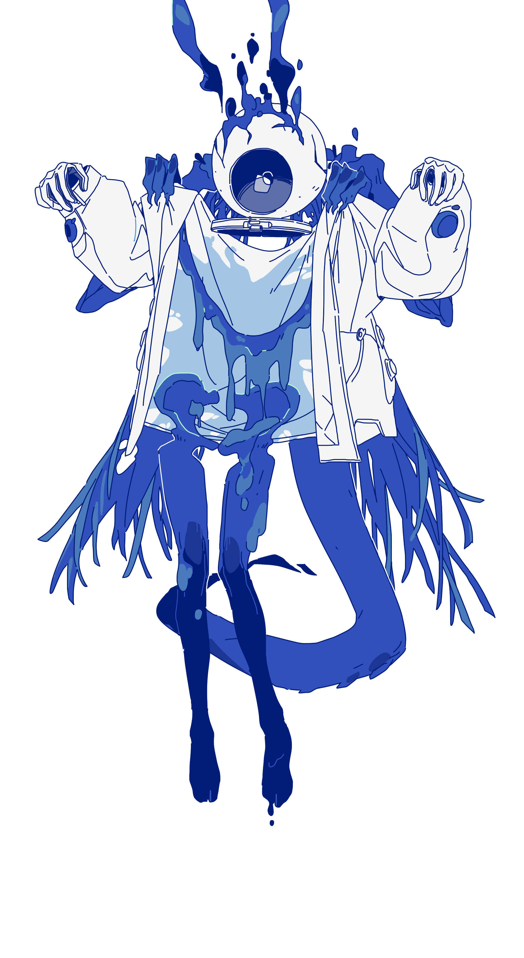 xity, arknights, absurdres, highres, 1girl, alien, blue skin, colored skin, full body, gloves, jacket, long sleeves, open clothes, open jacket, simple background, solo, standing, the ghost (arknights), white background, white gloves, white jacket