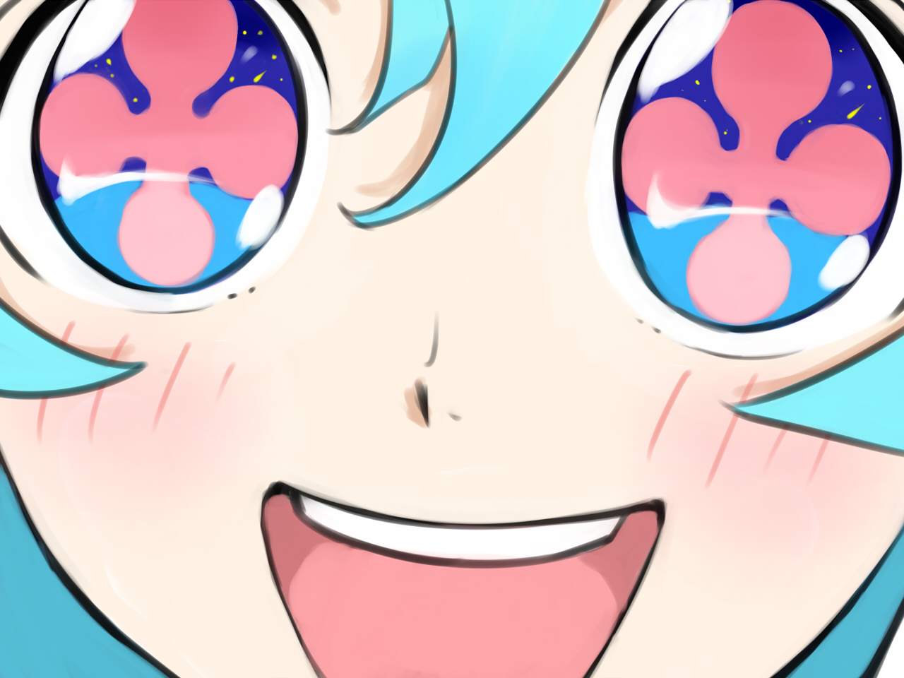 penpen (penpen1942), nia teppelin, tengen toppa gurren lagann, bad id, bad pixiv id, + +, 00s, 1girl, blue eyes, blush, close-up, cross-shaped pupils, eye focus, female focus, happy, solo, symbol-shaped pupils