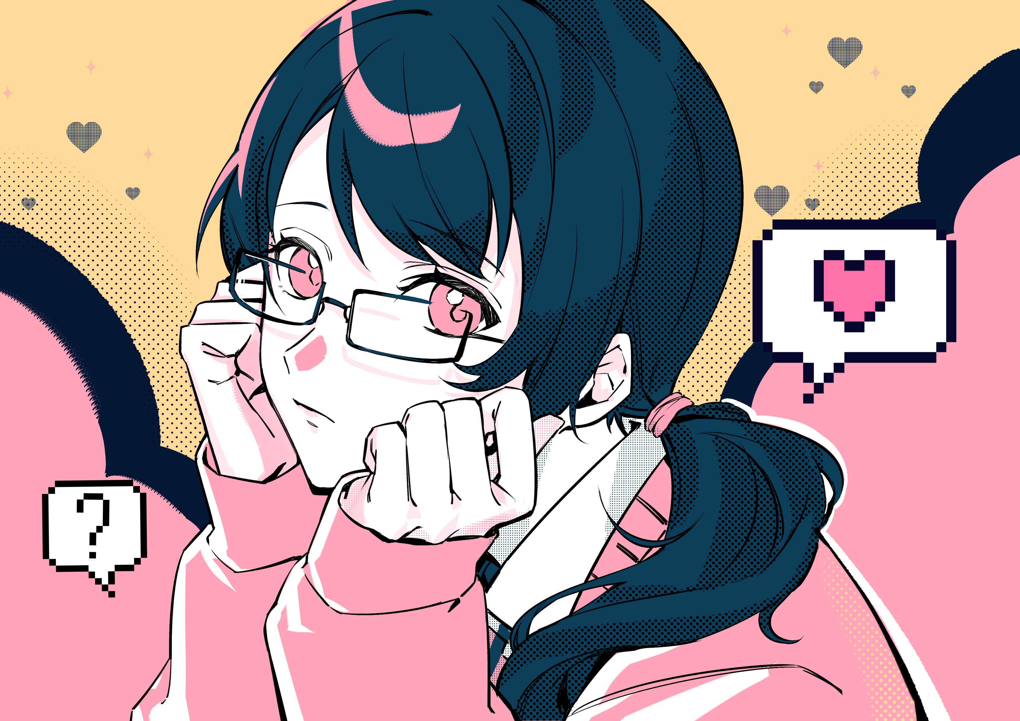 tria0c2, noge tomoko, persona, persona 5, persona 5: the phantom x, absurdres, commentary request, highres, 1girl, ?, black hair, cardigan, closed mouth, glasses, hair ornament, hair scrunchie, long sleeves, looking at viewer, low twintails, pink eyes, pink scrunchie, school uniform, scrunchie, sleeves past wrists, solo, twintails