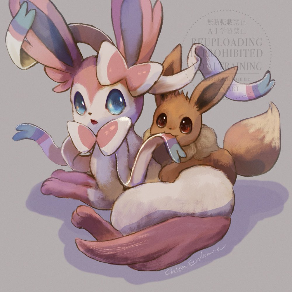 momomo12, eevee, sylveon, nintendo, pokemon, animal focus, blue eyes, blue sclera, bow, brown eyes, brown fur, closed mouth, colored sclera, full body, gen 1 pokemon, gen 6 pokemon, looking at viewer, no humans, open mouth, pink fur, pokemon (creature), pokemon focus, ribbon, simple background, tail, two-tone fur, white fur