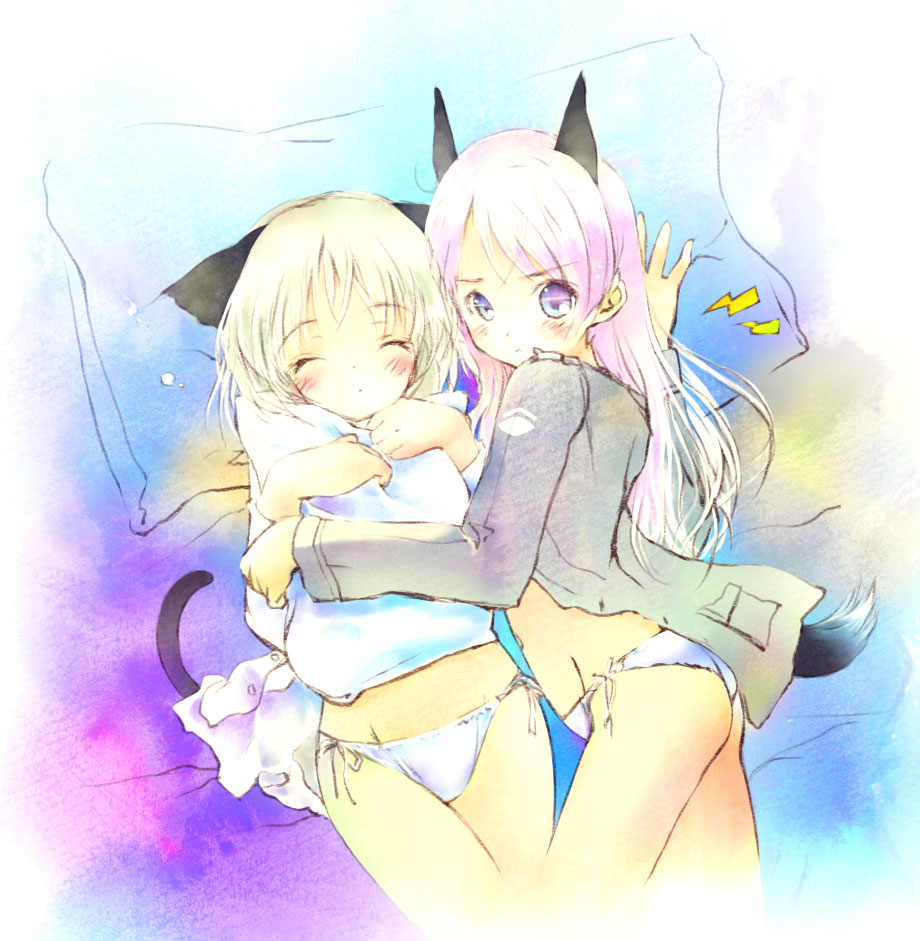 saeki touma, eila ilmatar juutilainen, sanya v. litvyak, strike witches, world witches series, bad id, bad pixiv id, 00s, 2girls, animal ears, bed, cat ears, cat tail, closed eyes, lying, multiple girls, panties, pillow, side-tie panties, tail, underwear