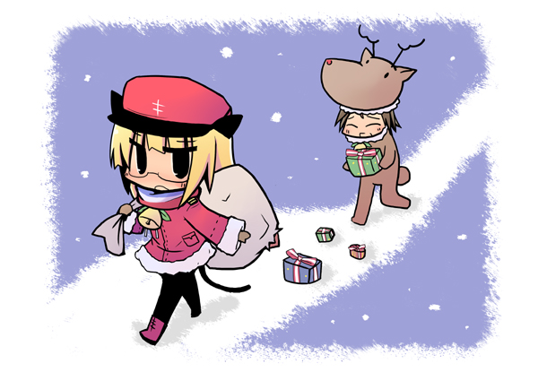 luu, miyafuji yoshika, perrine h. clostermann, strike witches, world witches series, 00s, 2girls, chibi, christmas, gift, multiple girls, pantyhose, santa costume