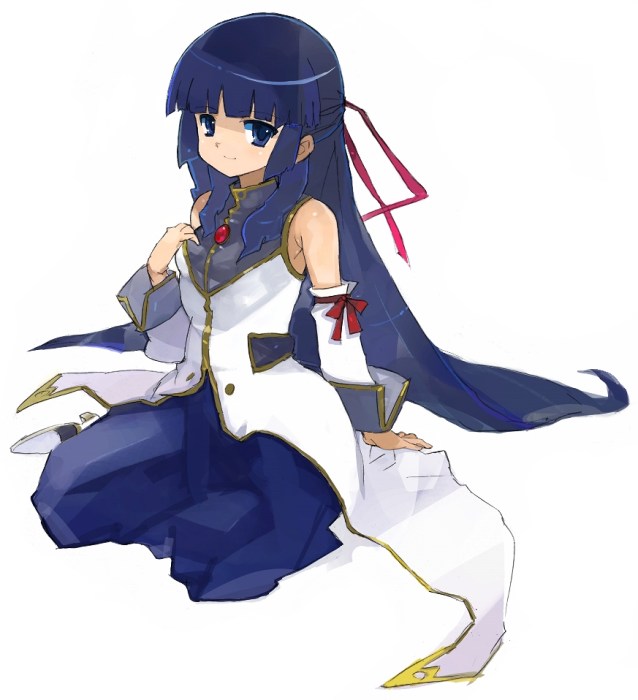 asasow, karasuma chitose, galaxy angel, 00s, 1girl, arm warmers, bare shoulders, blunt bangs, brooch, coat, female focus, full body, gem, half updo, jewelry, looking at viewer, purple eyes, sitting, solo, yokozuwari
