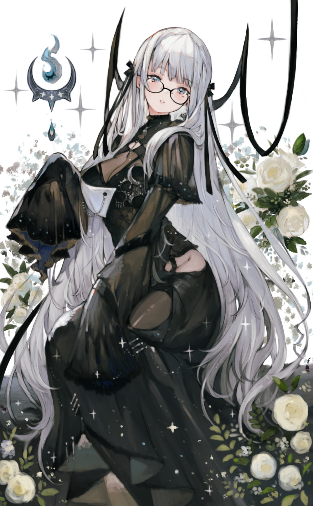 kemomin nosuke, original, highres, 1girl, black dress, black ribbon, blue eyes, breasts, cleavage, clothing cutout, dress, flower, glasses, grey hair, hair ribbon, hip vent, large breasts, long dress, long hair, long sleeves, looking at viewer, mole, mole under eye, ribbon, solo, very long hair