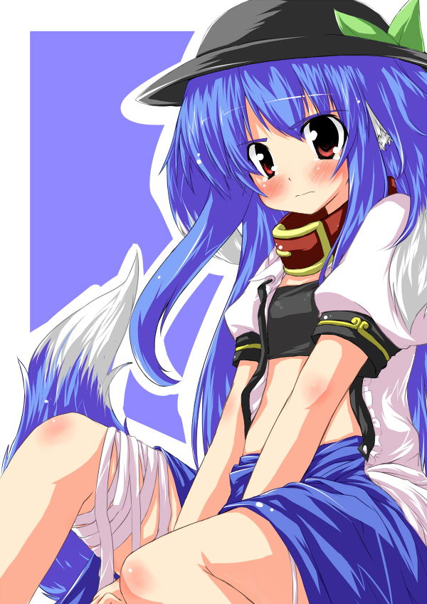 nanpuu, hinanawi tenshi, touhou, 1girl, animal ears, bandages, blue hair, blush, collar, female focus, hat, long hair, open clothes, open shirt, red eyes, shirt, sitting, solo, tail