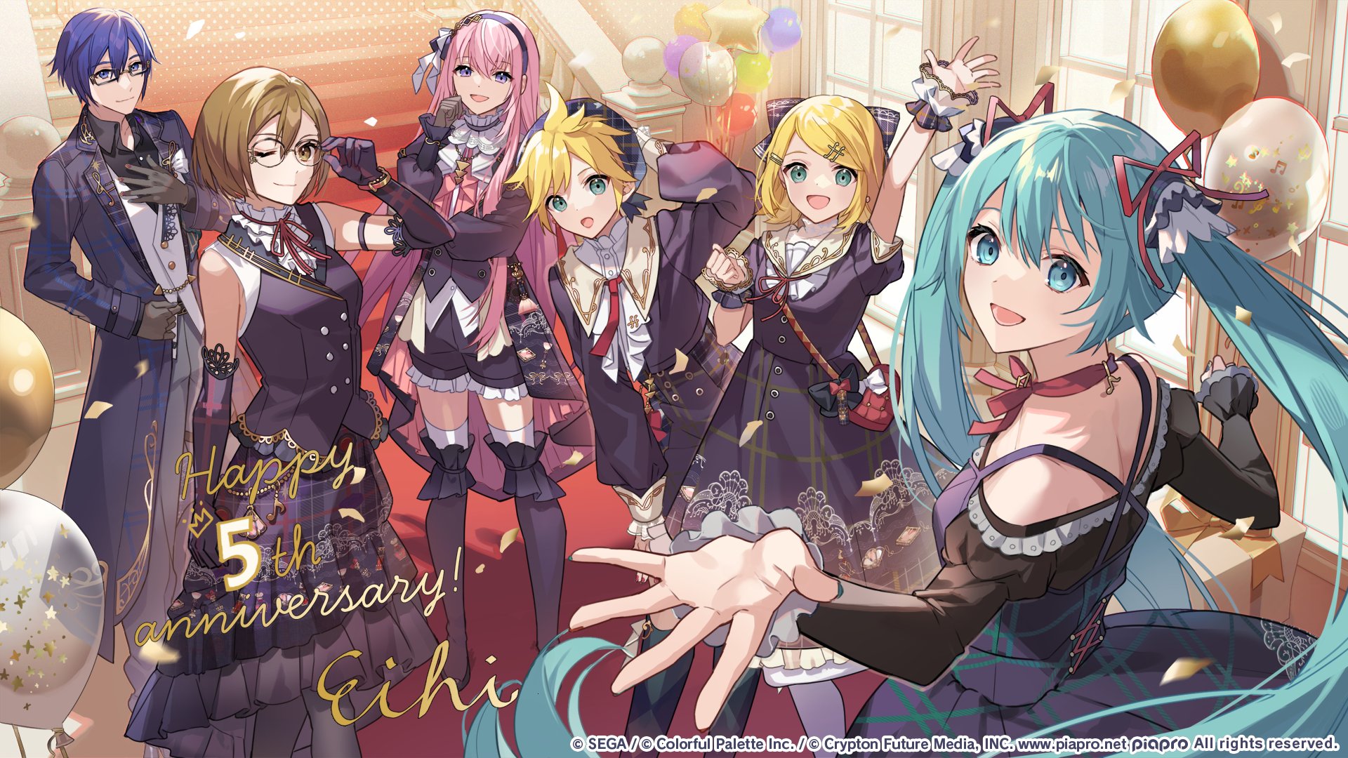 eihi, hatsune miku, kagamine len, kagamine rin, kaito (vocaloid), megurine luka, meiko (vocaloid), project sekai, vocaloid, commentary request, highres, official art, second-party source, 2boys, 4girls, adjusting clothes, adjusting eyewear, adjusting headwear, aqua eyes, aqua hair, arm at side, arm up, artist name, bag, balloon, bare shoulders, bespectacled, black boots, black coat, black dress, black gloves, black shirt, black shorts, black vest, blonde hair, blue eyes, blue hair, bob cut, boots, bow, breasts, brown eyes, brown gloves, brown hair, choker, closed mouth, coat, collared shirt, copyright notice, cowboy shot, dress, elbow gloves, frilled choker, frilled shorts, frills, full body, glasses, gloves, grey pants, guest art, hair between eyes, hair bow, hair ornament, hair ribbon, hairclip, hand on own chest, hand up, happy anniversary, headband, indoors, lapels, long hair, long skirt, long sleeves, looking at viewer, looking back, medium breasts, multiple boys, multiple girls, neck ribbon, notched lapels, open mouth, pants, pink hair, puffy long sleeves, puffy sleeves, purple eyes, red ribbon, ribbon, shirt, short hair, shorts, shoulder bag, sidelocks, skirt, sleeveless, sleeveless shirt, small breasts, smile, spiked hair, stairs, standing, star balloon, straight hair, thigh boots, thighhighs, twintails, very long hair, very short hair, vest, white choker, white thighhighs, white vest, window, wrist cuffs