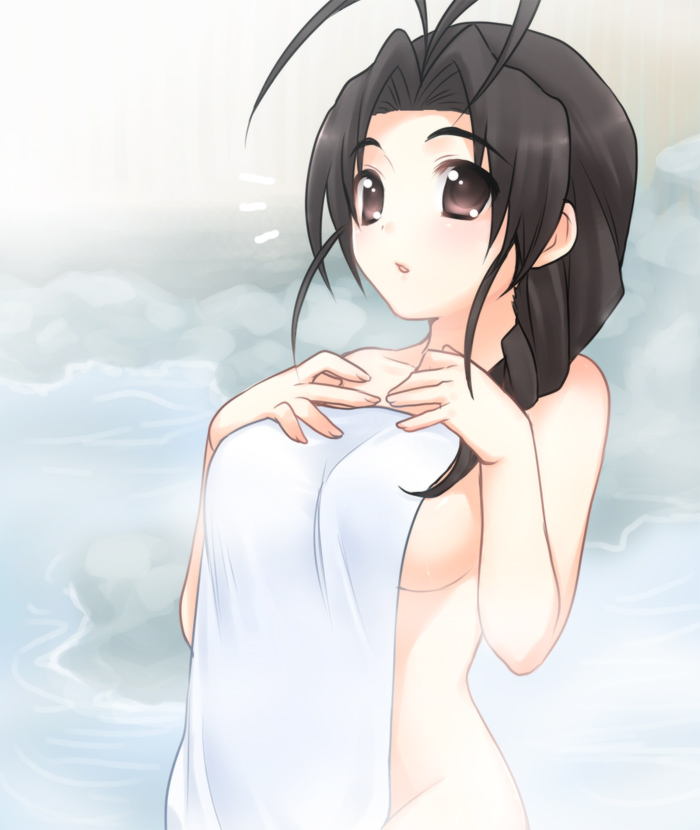 usashiro mani, otohime mutsumi, love hina, eyebrows, bad id, bad pixiv id, 1girl, ahoge, antenna hair, black hair, breasts, brown eyes, drill hair, female focus, nude, onsen, solo, towel