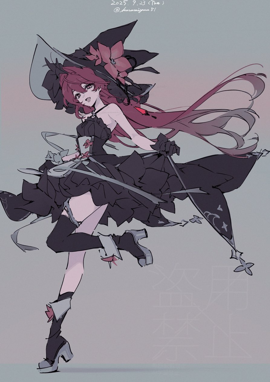 kurumiyuu16, original, highres, 1girl, artist name, black boots, black dress, black gloves, black hat, black thighhighs, boots, clothes lift, dated, dress, dress lift, floating hair, flower, gloves, grey background, hat, hat flower, lifting own clothes, long hair, looking at viewer, open mouth, pink hair, sketch, sleeveless, sleeveless dress, solo, thighhighs, twitter username, witch, witch hat
