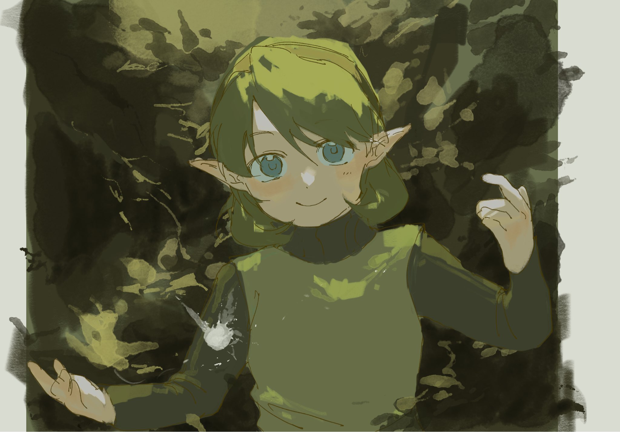 wantamushroom, saria (zelda), nintendo, the legend of zelda, the legend of zelda: ocarina of time, 1girl, blue eyes, facing viewer, fairy, forest, green hair, hairband, hands up, looking at viewer, nature, pointy ears, smile, solo, sweater, tunic, turtleneck, turtleneck sweater, upper body