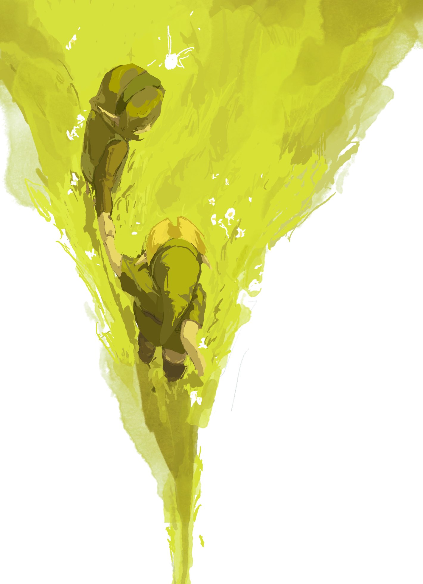 wantamushroom, link, saria (zelda), young link, nintendo, the legend of zelda, the legend of zelda: ocarina of time, 1boy, 1girl, belt, blonde hair, boots, fairy, flower, from above, grass, green hair, hairband, hat, holding hands, looking at another, pointy ears, sweater, tunic