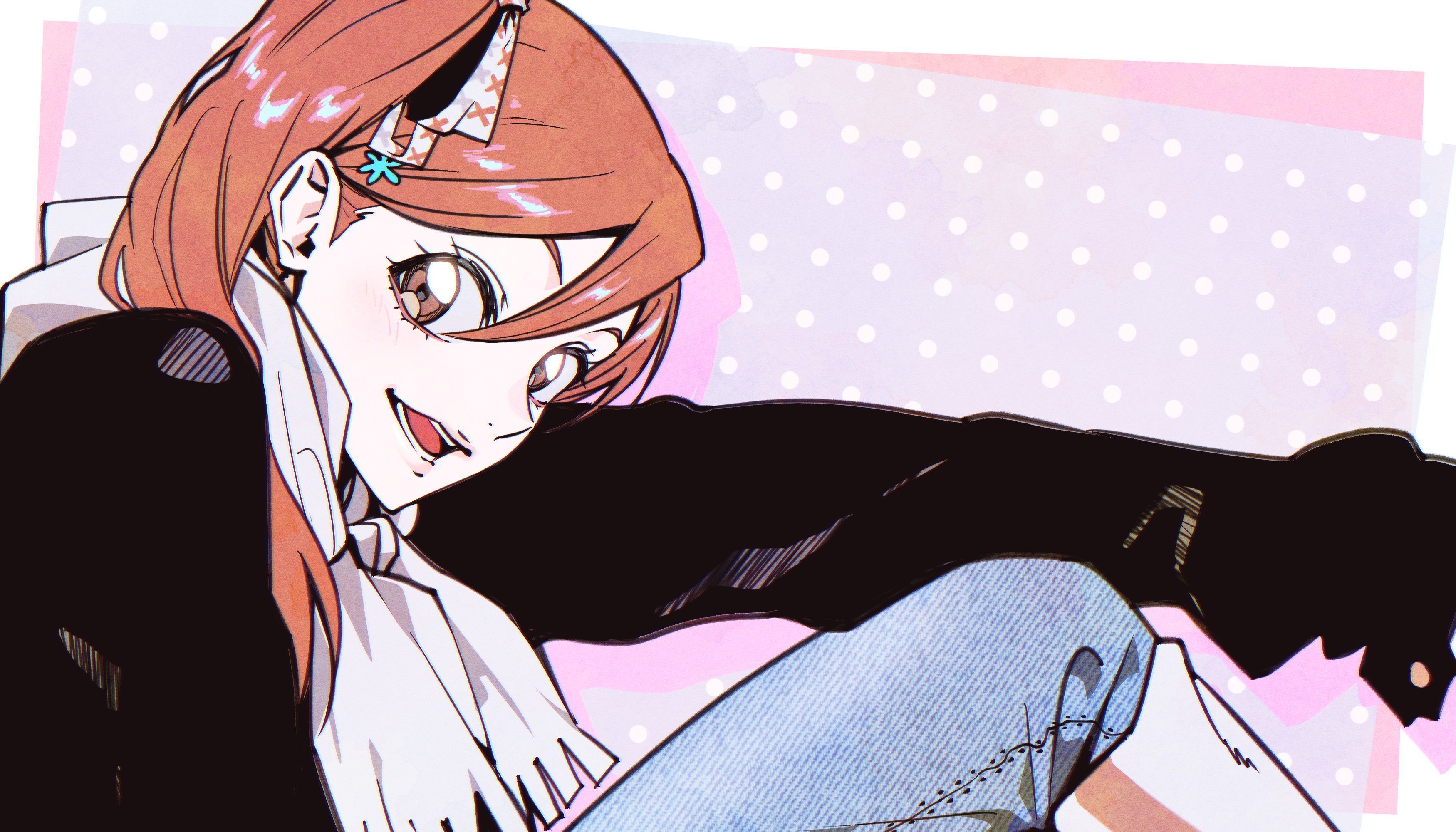 n (nauki 11), inoue orihime, bleach, 1girl, black jacket, brown eyes, denim, female focus, hair ornament, hairclip, jacket, jeans, long hair, open mouth, orange hair, pants, scarf, sitting, upper body