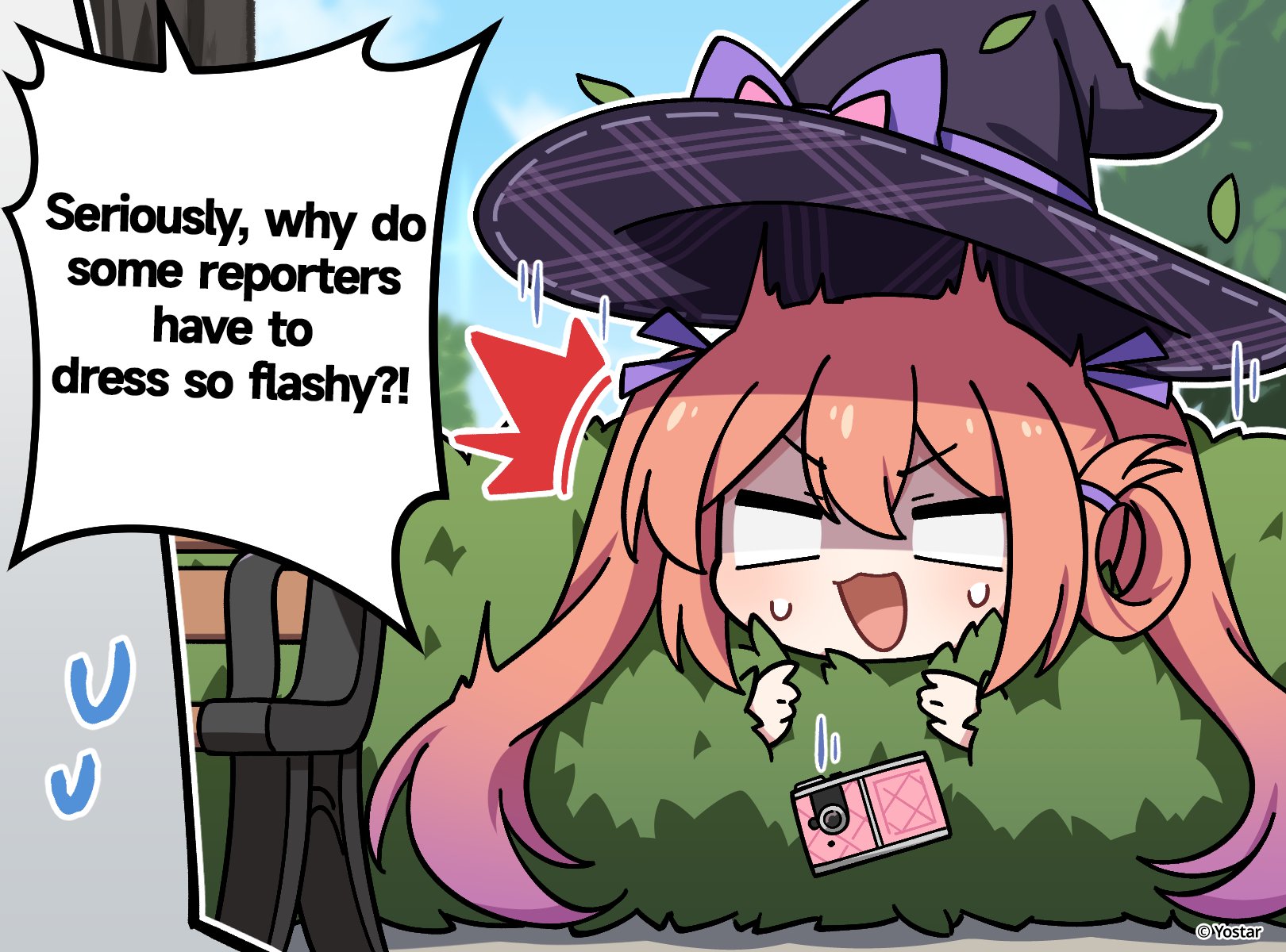 stella sora, commentary, english commentary, highres, official art, 1girl, 1other, :3, ^^^, bench, black hat, blank eyes, bow, bush, camera, copyright notice, double-parted bangs, dropping, english text, flinch, gradient hair, hair rings, hat, hat bow, long hair, mistique (stella sora), multicolored hair, nervous sweating, open mouth, orange hair, outdoors, outline, purple bow, purple hair, single hair ring, solo focus, speech bubble, sweat, twintails, v-shaped eyebrows, white outline, witch hat