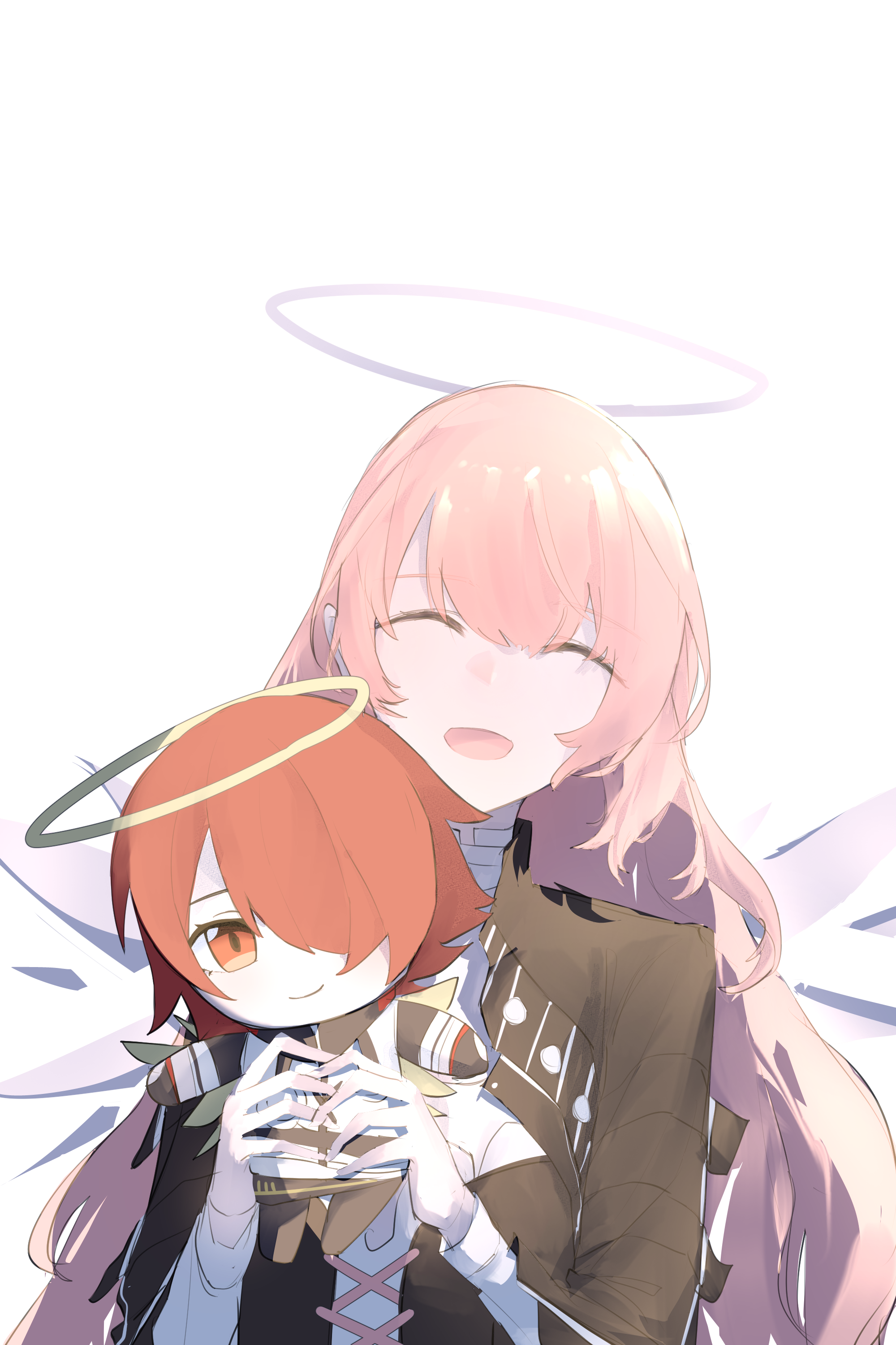 sasa fune, exusiai (arknights), lemuen (arknights), arknights, absurdres, commentary request, highres, character doll, closed eyes, detached wings, doll, energy wings, hair over one eye, halo, holding, holding doll, jacket, long hair, open mouth, pink hair, red hair, short hair, traditional halo, upper body, white jacket, wings